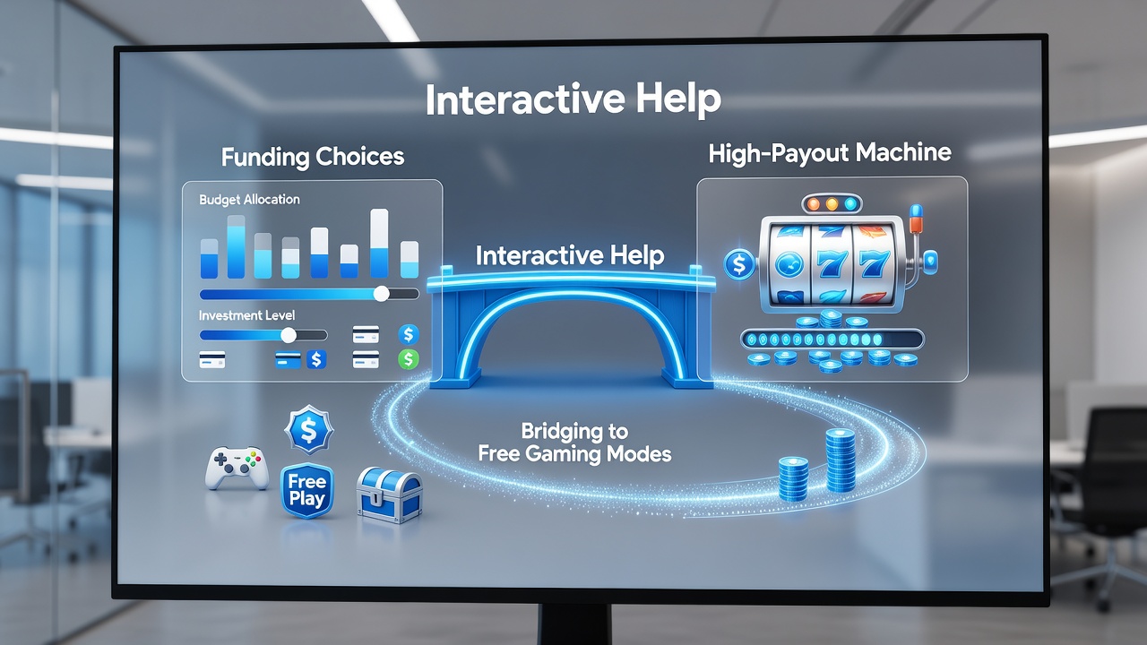 Tablet screen displaying chat interaction guiding a player from free play to high-payout slot machine selection