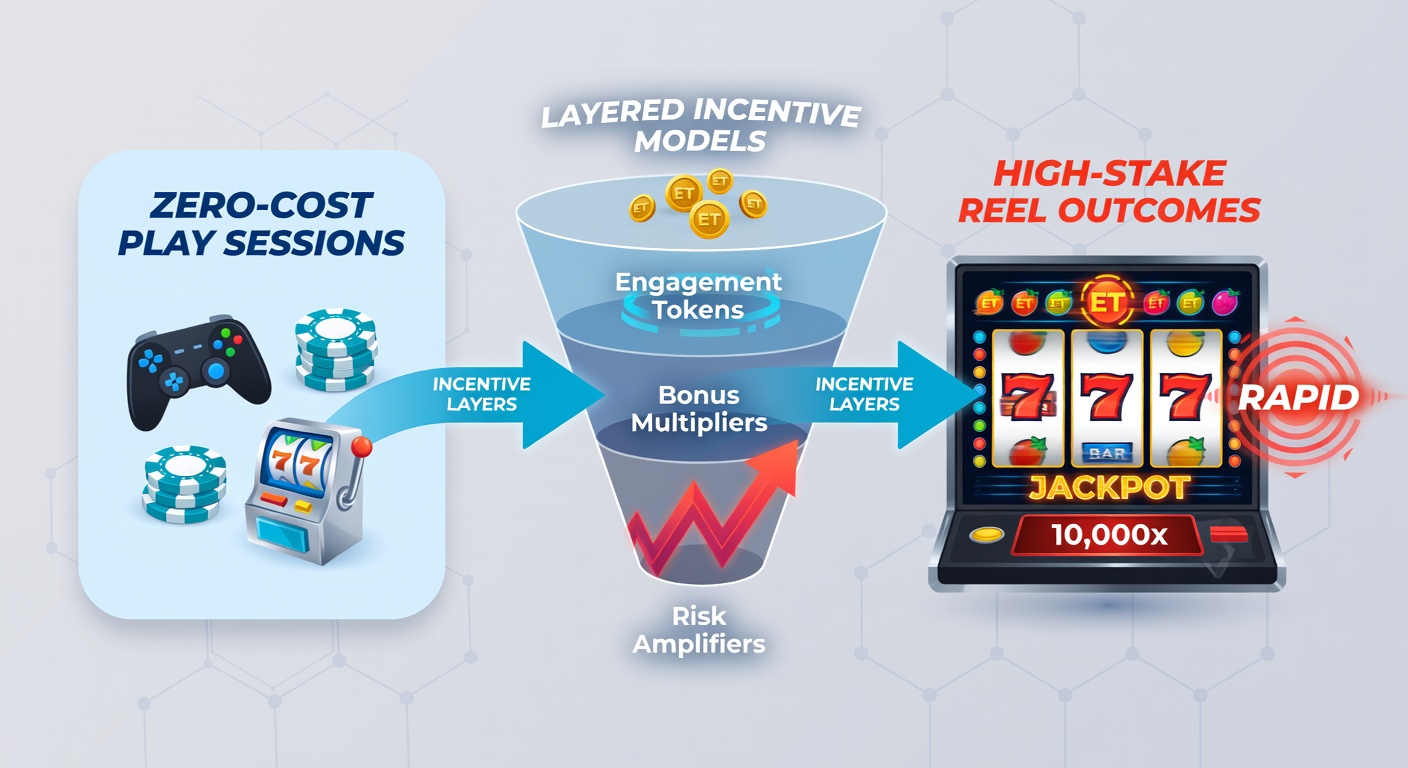 Illustration of incentive layers showing free play transitioning to slot jackpots and instant mobile fund releases