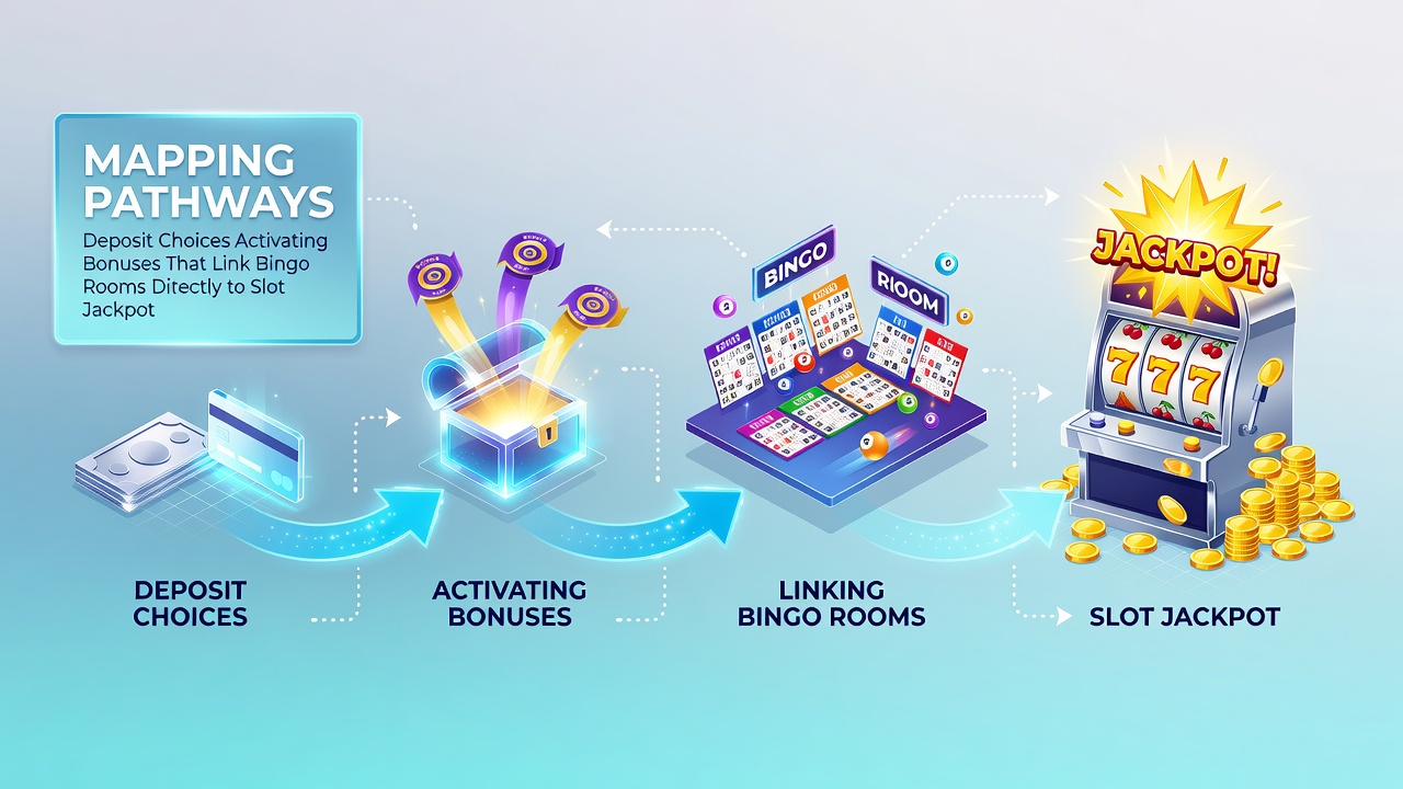 Illustration of bingo daubing transitioning into slot reel spins with jackpot indicators and mobile withdrawal confirmation