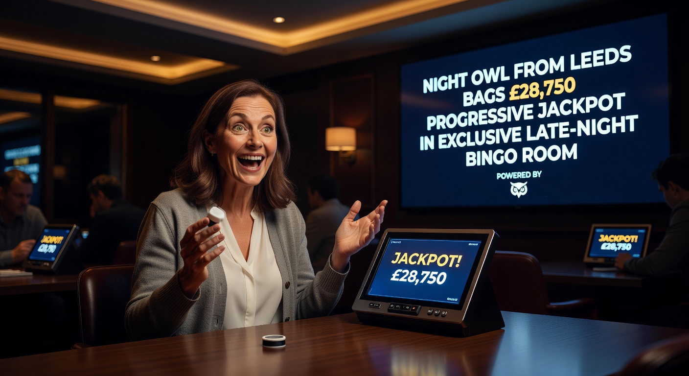 Close-up of a smartphone screen showing a mobile alert for the £28,750 jackpot in the late-night bingo room, with chat bubbles and daubed bingo cards in the background