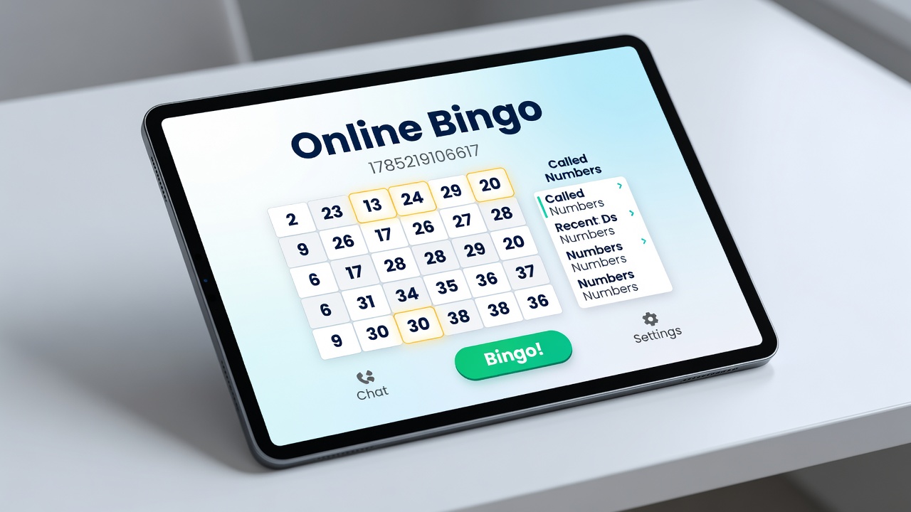 Mobile bingo interface showing chat features and number calling in progress