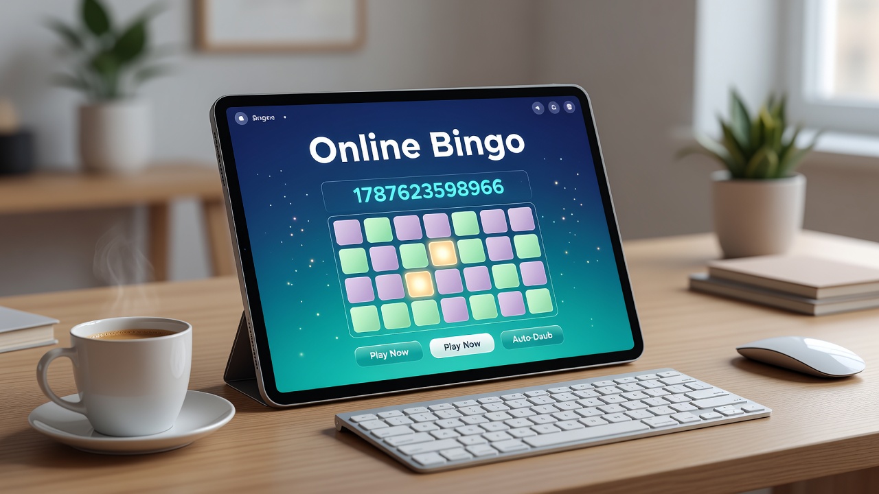 Diverse group of adults using laptops and phones to join online bingo sessions in a comfortable home environment
