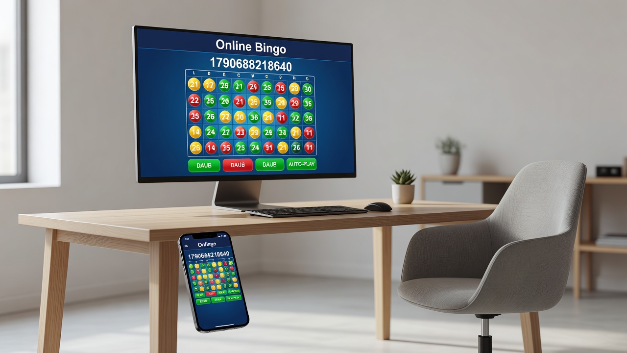 Mobile device displaying an online bingo app with active game and chat features visible on screen