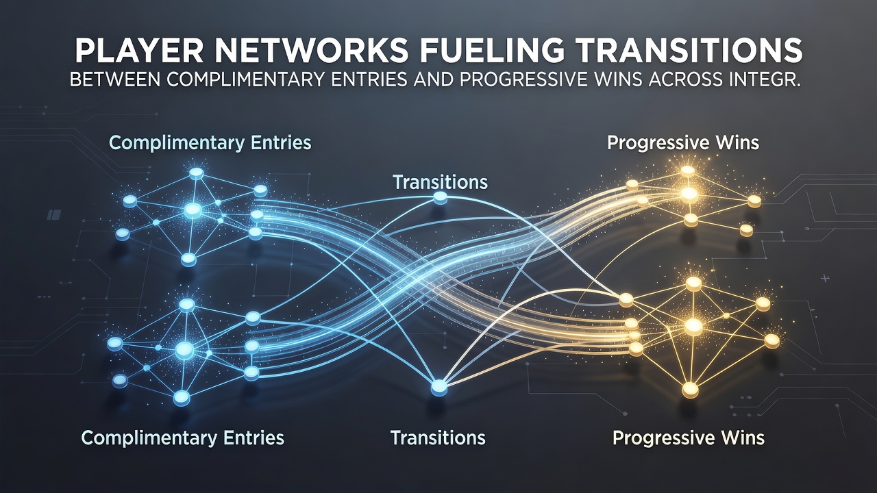 Integrated platform dashboard showing player network activity linking complimentary entries to progressive win sections