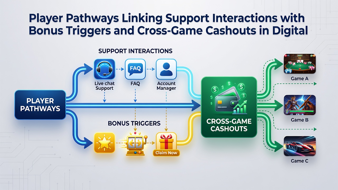 Diagram of cross-game cashout process connecting bingo, slots, and support interfaces in digital halls