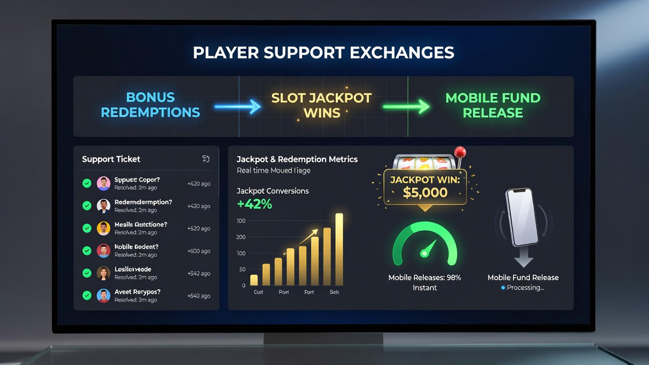 Mobile interface showing a completed slot jackpot payout with support chat window open and fund release confirmation screen