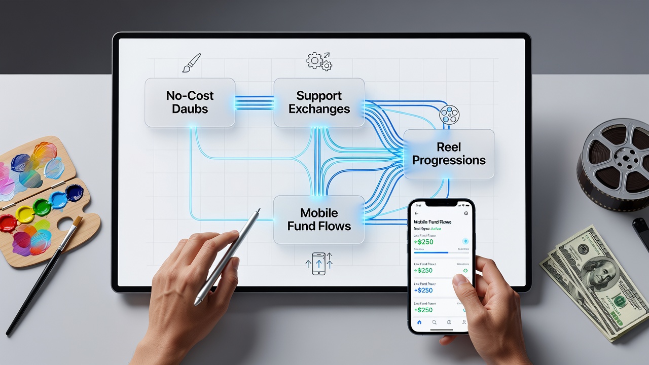Mobile interfaces showing fund flows between bingo daubs, slot progressions, and support-assisted transfers
