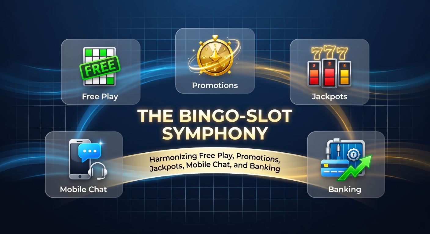 Mobile phone interface displaying a bingo room transitioning to slot game with jackpot ticker, live chat window open, and banking options highlighted, capturing the integrated gaming experience