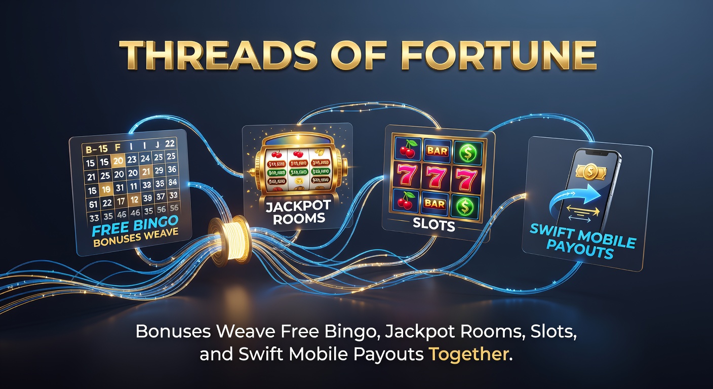 Close-up of golden threads linking bonus icons from free bingo to exploding slot jackpots and instant mobile cashout buttons