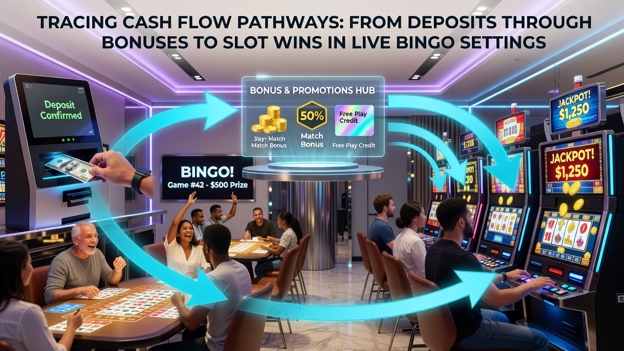 Live bingo interface displaying deposit balance, active bonus credits, and slot reel outcomes side by side